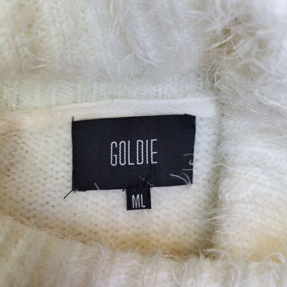 Goldie Winter White Eyelash Fringe Fuzzy Chenille Knit Turtleneck Sweater - Picture 7 of 11